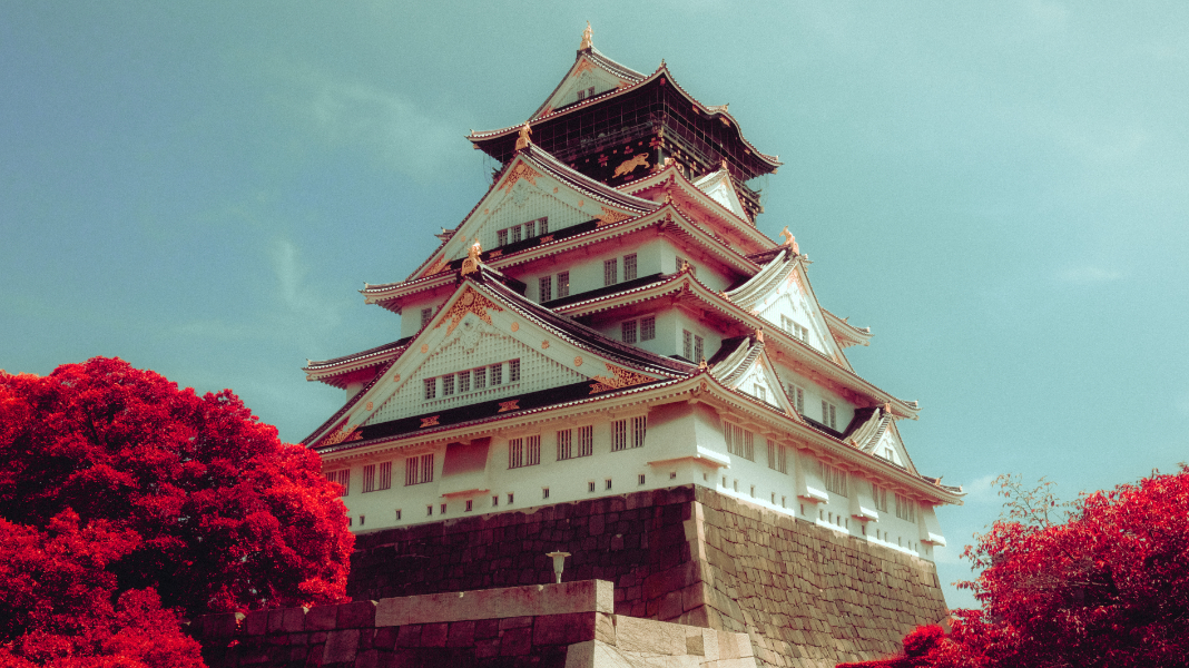 Traditional Japanese castle framed by vibrant red trees under a blue sky
