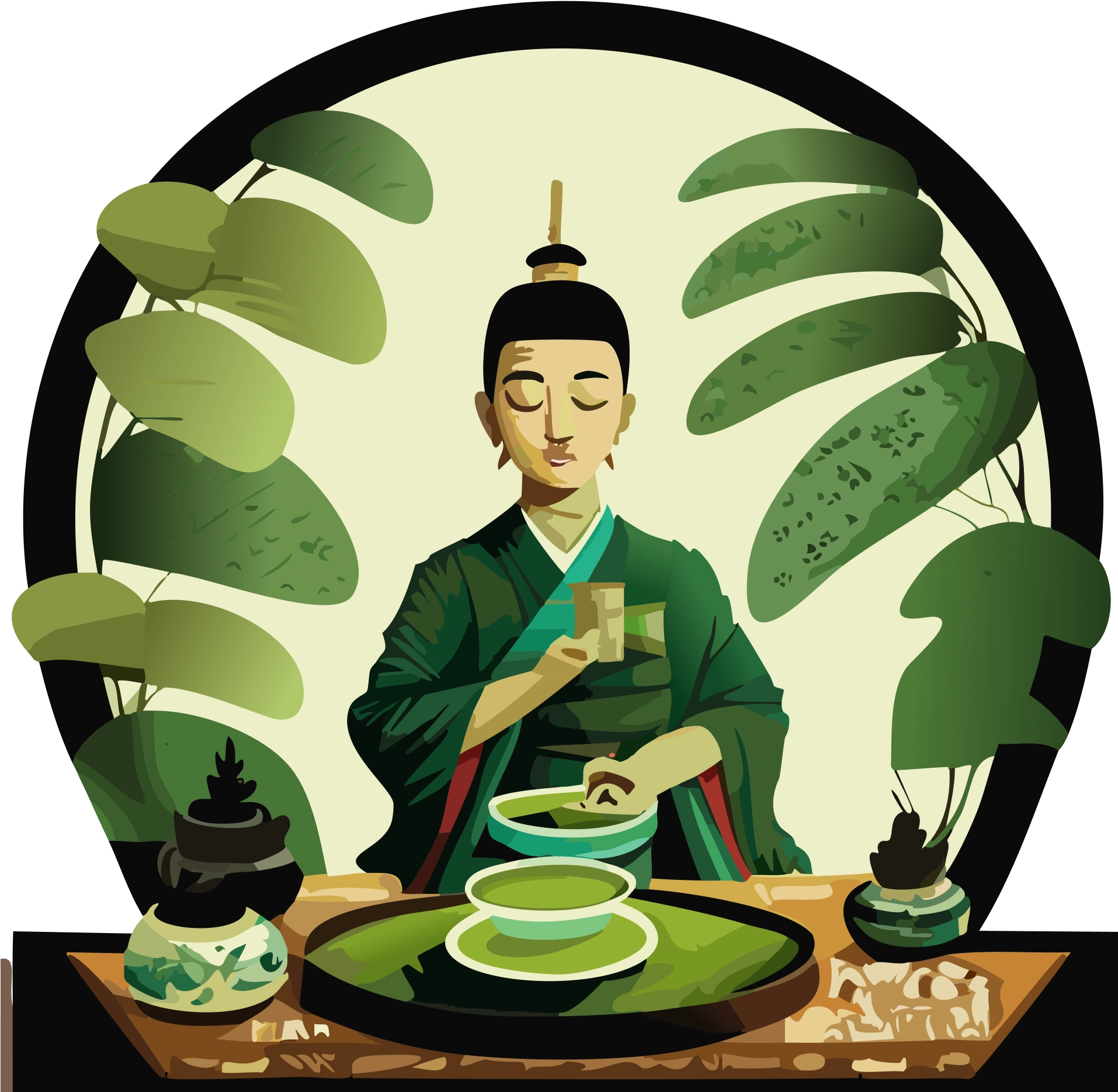 Illustration of a person in traditional attire preparing and serving matcha tea at a table with bowls and teaware