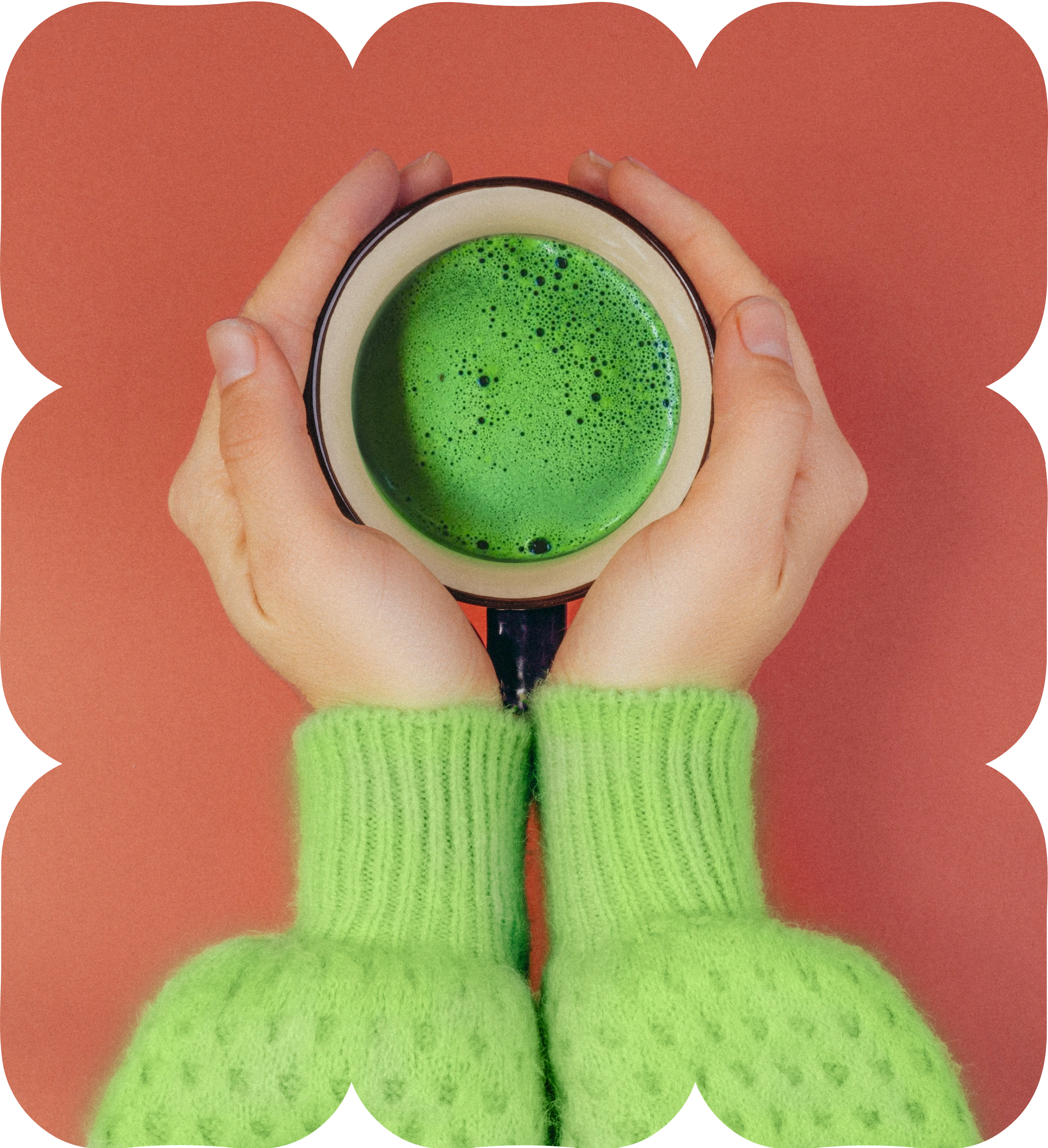 Hands holding a cup of freshly whisked frothy matcha