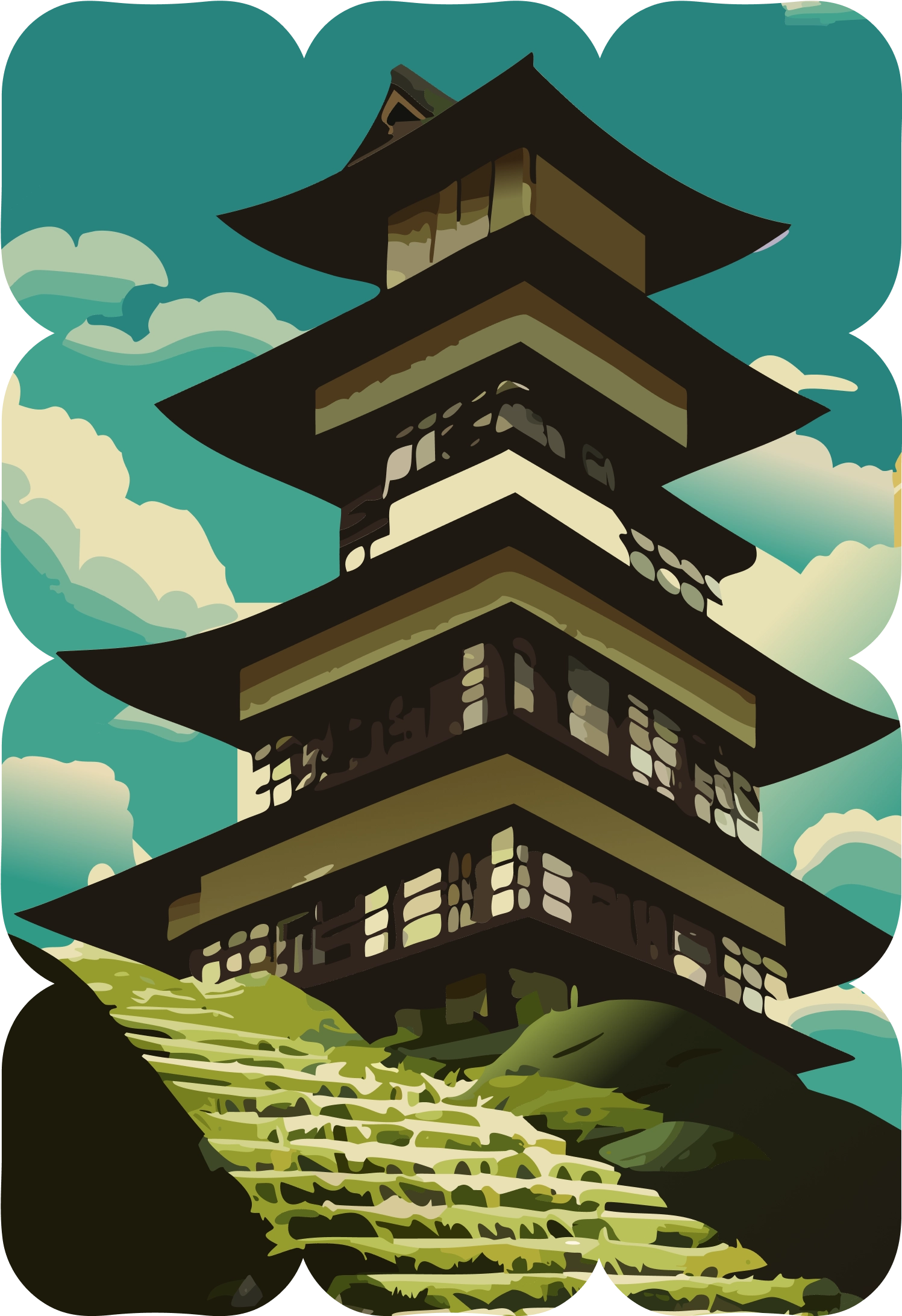 Illustration of a multi-tiered traditional Japanese pagoda on a hillside under a blue sky with clouds