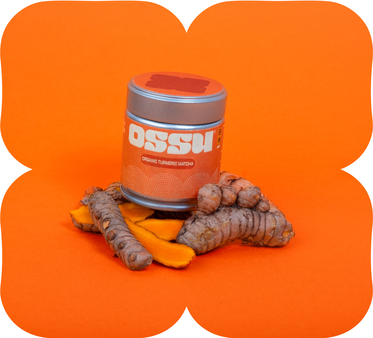 OSSU turmeric matcha tea tin with fresh turmeric root