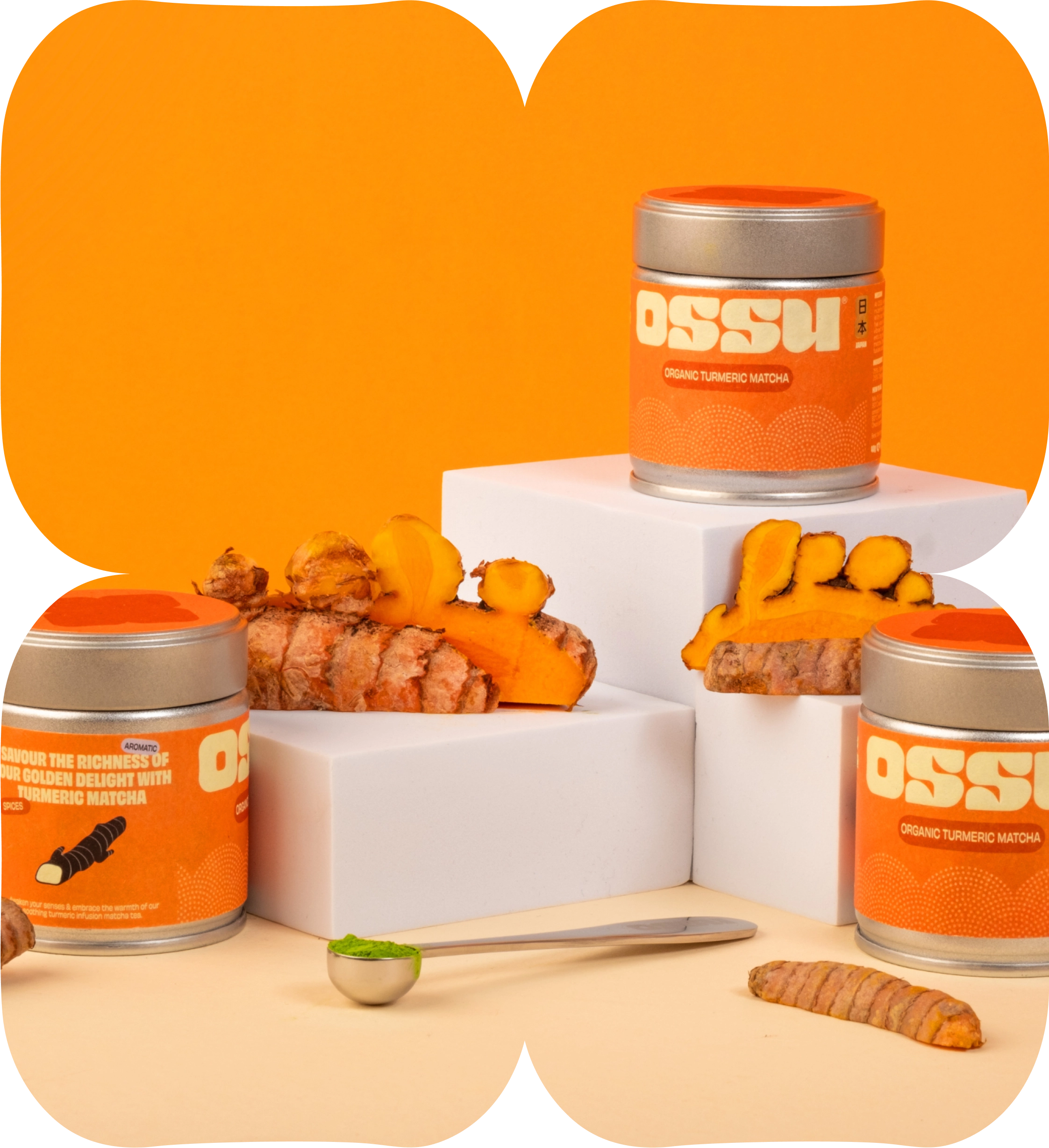 OSSU organic turmeric matcha tea tins with fresh turmeric root
