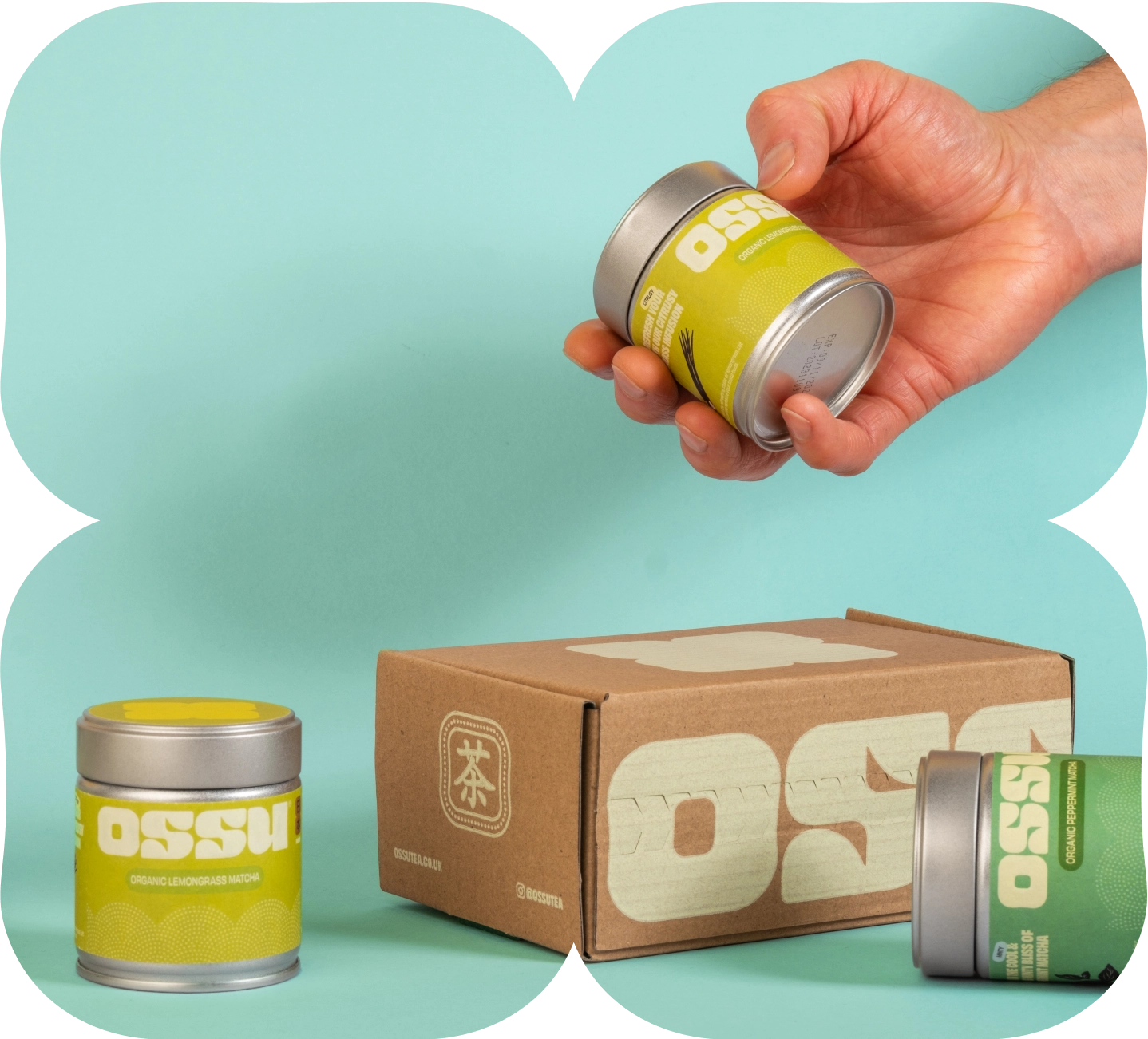 Hand holding OSSU organic matcha tea tin above OSSU gift box