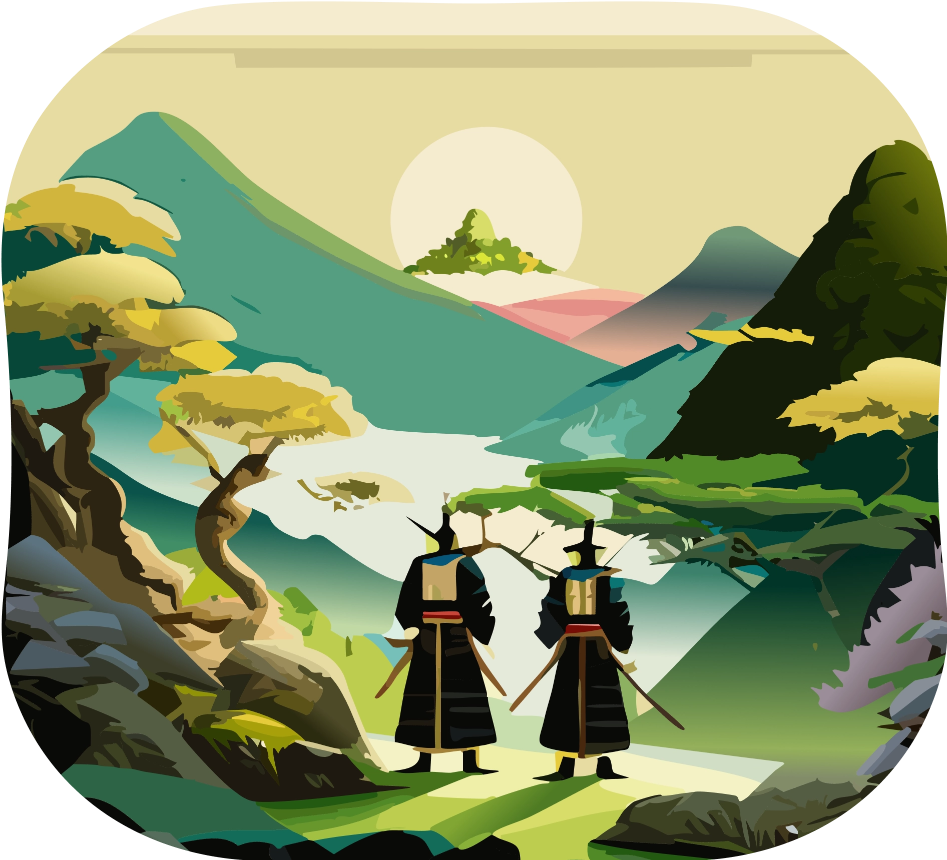 Illustration of two figures in traditional Japanese clothing overlooking a stylized mountain and landscape scene