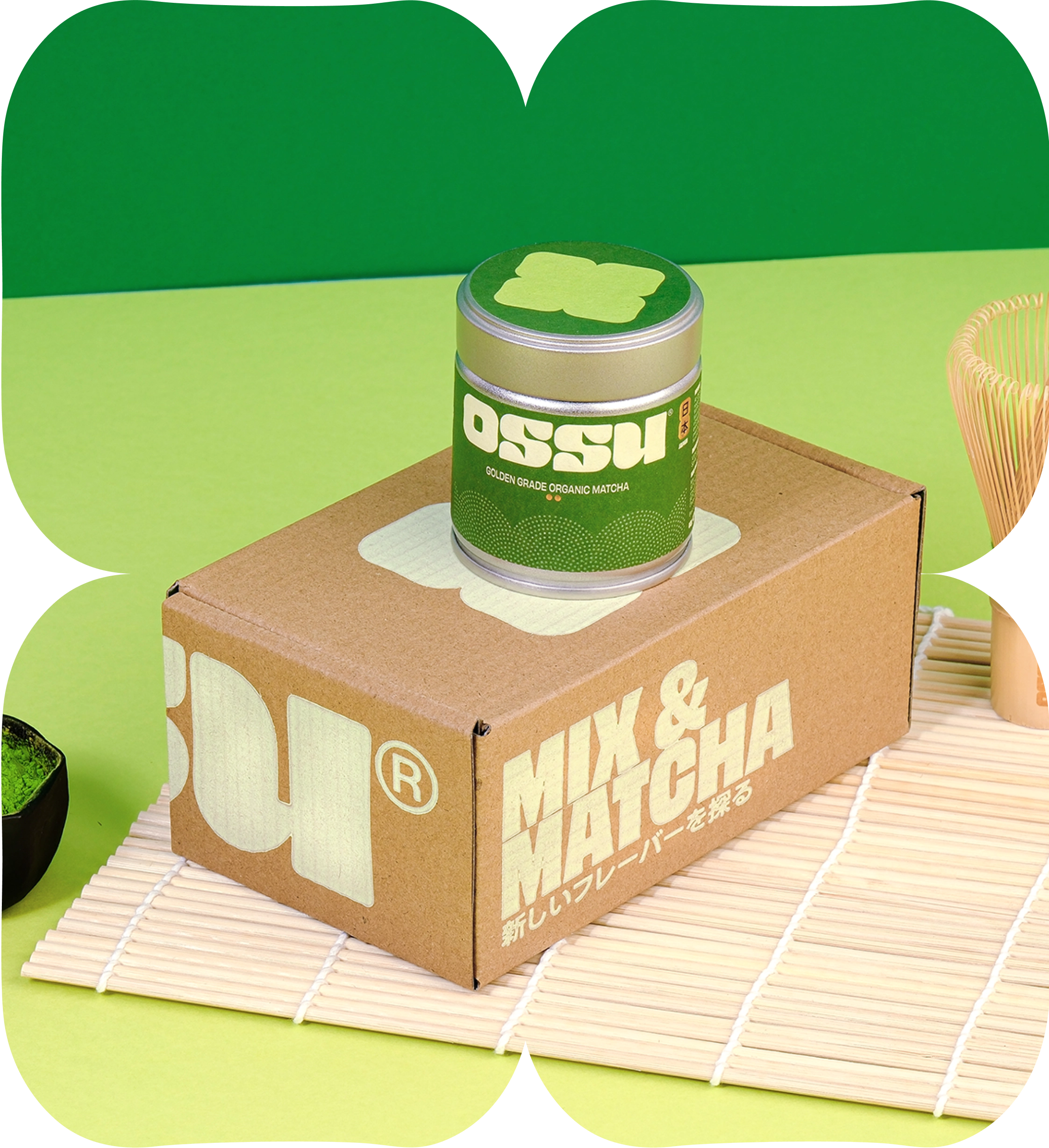 OSSU Golden Grade organic matcha tea tin on bamboo mat