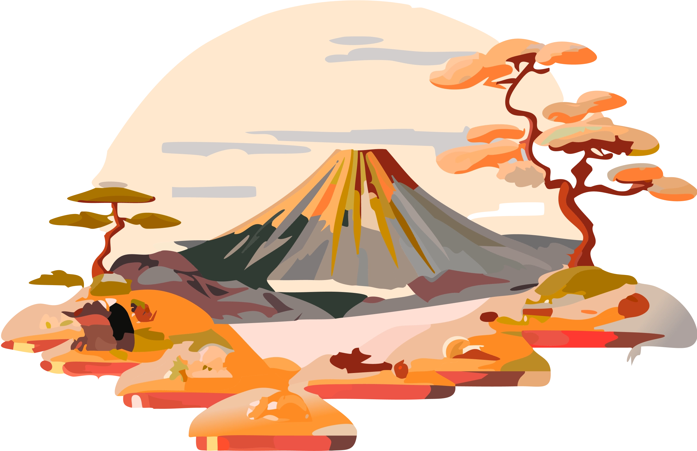 Stylized illustration of Mount Fuji with trees and a large sun in the background