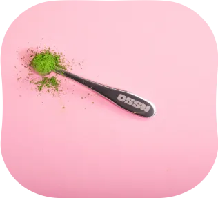 OSSU matcha spoon holding green matcha powder on a pink background